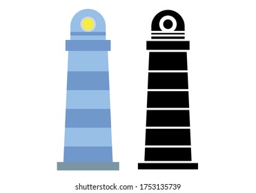 Blue and black lighthouse on white background.