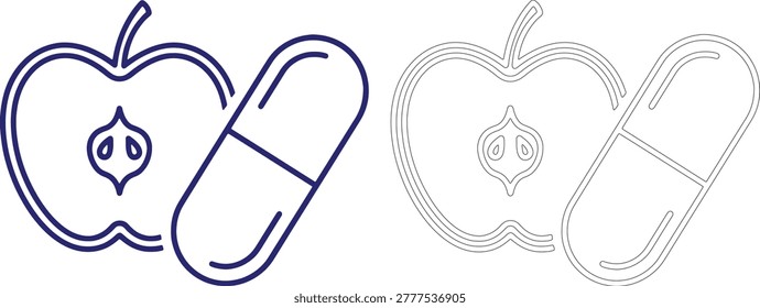 Blue and black line of apple and pill capsule fruit