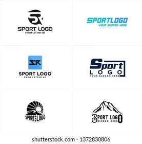 Blue black line art badge logo design silhouette mountain sun letter SR bright vector suitable for snowboarding entertainment sports 