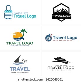 Blue black line art badge logo design. mountain with island icon sailboat suitable for travel holiday family hotel