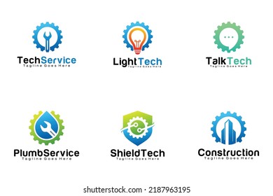 Blue black line art illustration vector people and light bulb combined gear logo design suitable for business consultation leader entrepreneur training
