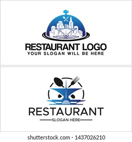 Blue black line art logo design combine serving lid and building suitable for food drink restaurant industry shop