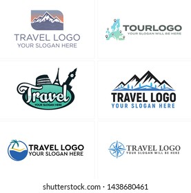 Blue black line art logo design silhouette mountain Colosseum Rome Eiffel Tower and beach suitable for travel holiday family tour
