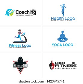 Diseño del logotipo de ilustraciones vectoriales de la línea negra azul fitness de la mujer y campanilla de dumbón adecuados para el club de entrenamiento deportivo de salud