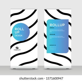 Blue black lined Abstract Shapes Modern Exhibition Advertising Trend Business Roll Up Banner Stand Poster Brochure flat design template creative concept. Black lined Roll Up EPS. Presentation Cover