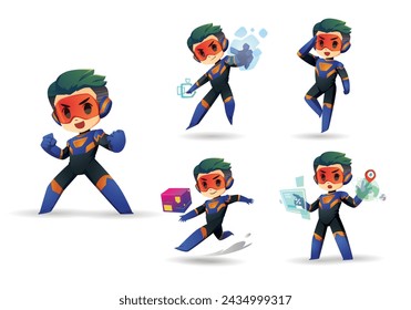 Blue black little Super Hero Boy Mascot Character Set 2