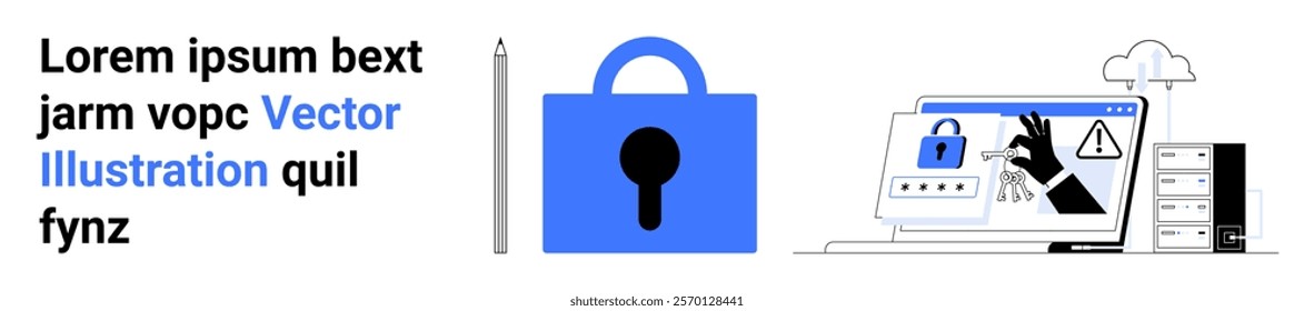 Blue and black lock with computer screen, hand showing hacking warning, cloud and server. Ideal for cybersecurity, data protection, online safety, information security, anti-hacking. Banner