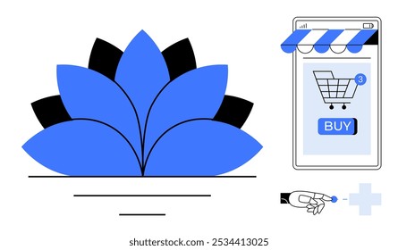 Ícone de flor de lótus azul e preto ao lado de uma tela de smartphone exibindo uma interface de carrinho de compras com um botão BUY. Ideal para compras on-line, e-commerce, pagamentos digitais, tecnologia, vetor