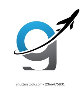 Blue and Black Lowercase Letter G Icon with an Airplane on a White Background