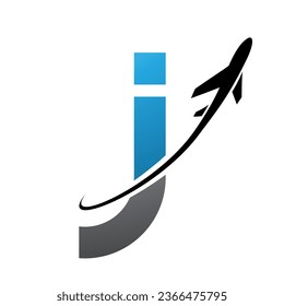 Blue and Black Lowercase Letter J Icon with an Airplane on a White Background