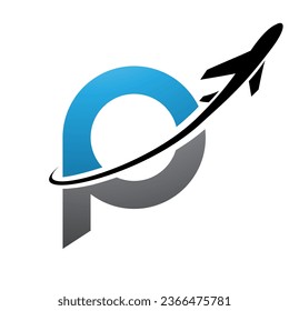Blau-Schwarz-Unterbuchstabe P Symbol mit einem Flugzeug auf weißem Hintergrund