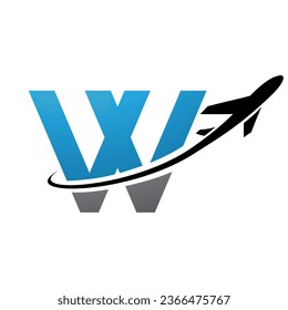 Letra azul y negra minúscula icono W con un avión de fondo blanco