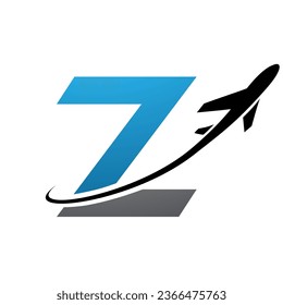 Blue and Black Lowercase Letter Z Icon with an Airplane on a White Background