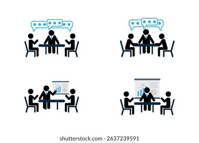 Blue and black meeting and presentation clip art set in flat vector style.