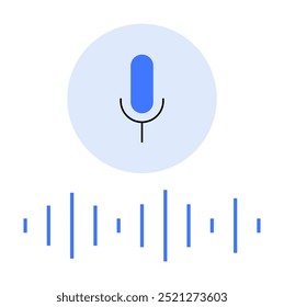 Ícone de microfone azul e preto, plano de fundo circular central, onda de áudio azul abaixo. Ideal para podcasts, gravação de áudio, reconhecimento de voz, design de som, programas de rádio. Estilo minimalista e moderno.