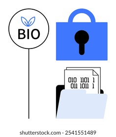 Design minimalista azul e preto com um cadeado, pasta contendo código binário e sinal BIO. Ideal para biotecnologia, segurança de dados, armazenamento de informações, criptografia e temas de privacidade digital. Moderno