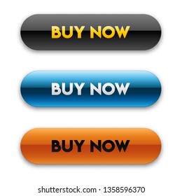 Blue, black and orange button with glossy effect and shadow. Editable "Buy now" button template. Set of vector e-commerce buttons with rounded corners isolated on white background. 