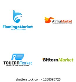 Blue black orange line art ribbon bird beak head badge combination logo design vector suitable for market flamingo cultivations