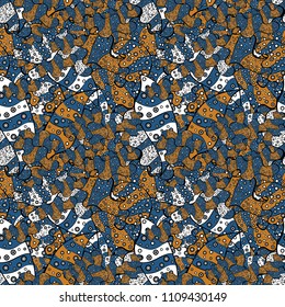Blue, black, orange, white and gray on colors. Abstract doodles pattern. Seamless Cute fabric pattern. Vector illustration. - stock. Nice background.