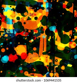 Blue, black, orange, yellow colors. Splatter seamless texture. Abstract vector background for web page, banners backdrop, fabric, home decor, wrapping