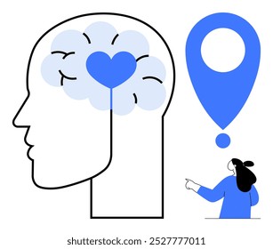 Blue and black outline of a human head featuring a blue heart in the brain. Nearby is a person pointing at a large blue location marker. Ideal for mental health, psychology, love, mindfulness