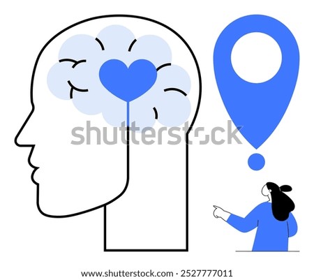 Blue and black outline of a human head featuring a blue heart in the brain. Nearby is a person pointing at a large blue location marker. Ideal for mental health, psychology, love, mindfulness