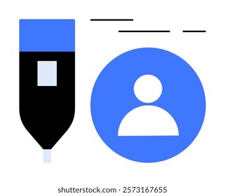 A blue and black pen icon beside a blue user profile icon Ideal for web design, digital projects, online identifications, user interface, and educational resources Simplistic, minimalistic style