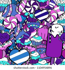 Blue, black, pink, white and gray on colors. Doodles pattern for wrapping paper. Abstract nice background. Vector illustration.