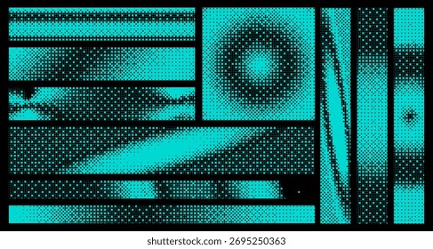 Blue and black pixelated bitmap texture background set. Retro pixel art, glitch dither pattern, 8 bit background. Leisure or arcade games duotone border frame. Vector illustration