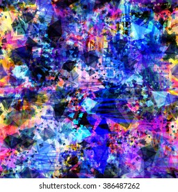 Blue, black, purple and orange colors. Complicated seamless vector pattern. The chaotic interweaving of stains and scratches. Asymmetry. Scribble. Easy editable. Grunge