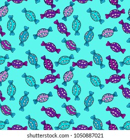 Blue, black and purple version. Isolated. Vector illustration. Cute and colorful candy sweet seamless pattern on blue, black and purple background.