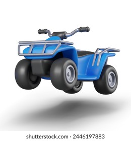 Blue black quad bike at moment of jump. Four wheeled motorcycle with nobody