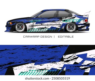 Design de envoltório de carro de corrida azul e preto perfeito para entusiastas de carro de esportes ou promoções de evento de carro de corrida. Personalizável e atraente.