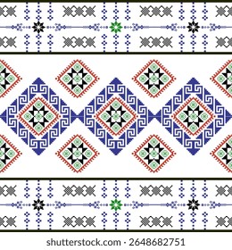 Azul, preto e vermelho ponto-cruz étnico boho padrão sem costura. Padrão tribal. Motivo popular. Relação dos têxteis. Vetor folk bordado forma geométrica sem emenda padrão. Ideias para tapetes e tapetes.