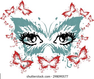 blue black and red pattern symbol t-shirt the eye on the background of butterfly wings