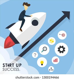 Blue black red white rocket people cloud direction lamp chart cog illustration concept suitable for businessman marketing company salesman industry