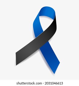 Blue and black ribbon awareness Ocular Melanoma, Police Officers Lost in the Line of Duty. Isolated on white background. Vector  illustration.