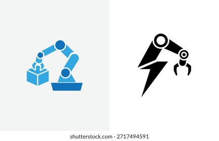 Blue and black robotic arms with one holding a box and the other striking a lightning bolt