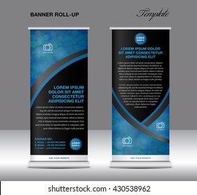 Blue and black roll up banner stand template vector