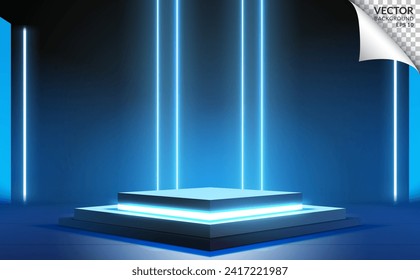 Blue and black scene podium with neon light background for digital business technology product