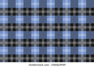 Blue and black Scotland textile seamless pattern. Fabric texture check tartan plaid. Abstract geometric background for cloth, card, fabric. Monochrome graphic repeating design. Modern squared ornament