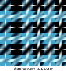 Blue and black Scotland textile seamless pattern. Fabric texture check tartan plaid. Abstract geometric background for cloth, card, fabric. Monochrome graphic repeating design. Modern squared ornament