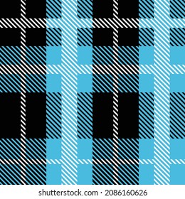 Blue and black Scotland textile seamless pattern. Fabric texture check tartan plaid. Abstract geometric background for cloth, card, fabric. Monochrome graphic repeating design. Modern squared ornament