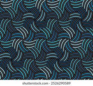 Blue and black seamless abstract geometric pattern with an intricate design of curved lines in the shapes of vortexes, swirls, and whirls. Modern ethnic style. 