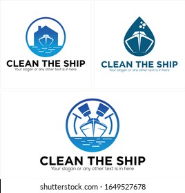 Blue, black ship circle house home water. sea icon symbol logo designs suitable for business technology holiday vacation travel. Cleaning Maintenance Boat Provide.
