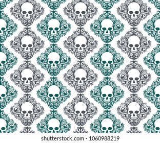 blue and black skull head bones line combination with floral and leafs diagonal seamless pattern 