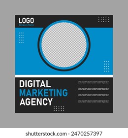 blue and black social media post design for company promotions.
