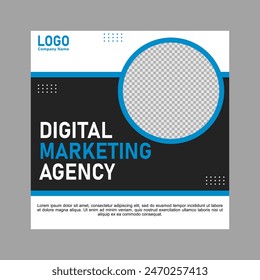 blue and black social media post design for company promotions.