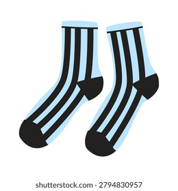 Blue and black striped socks pair on white background. Cotton footwear item with vertical stripes dark heel and toe for casual wardrobe market print design