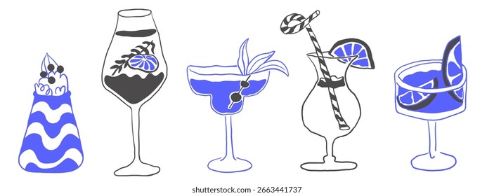 blue and black summer drinks set in hand drawn style in vector. Elements for design advertisement stickers posts poster print postcard banner menu decor backgrounds